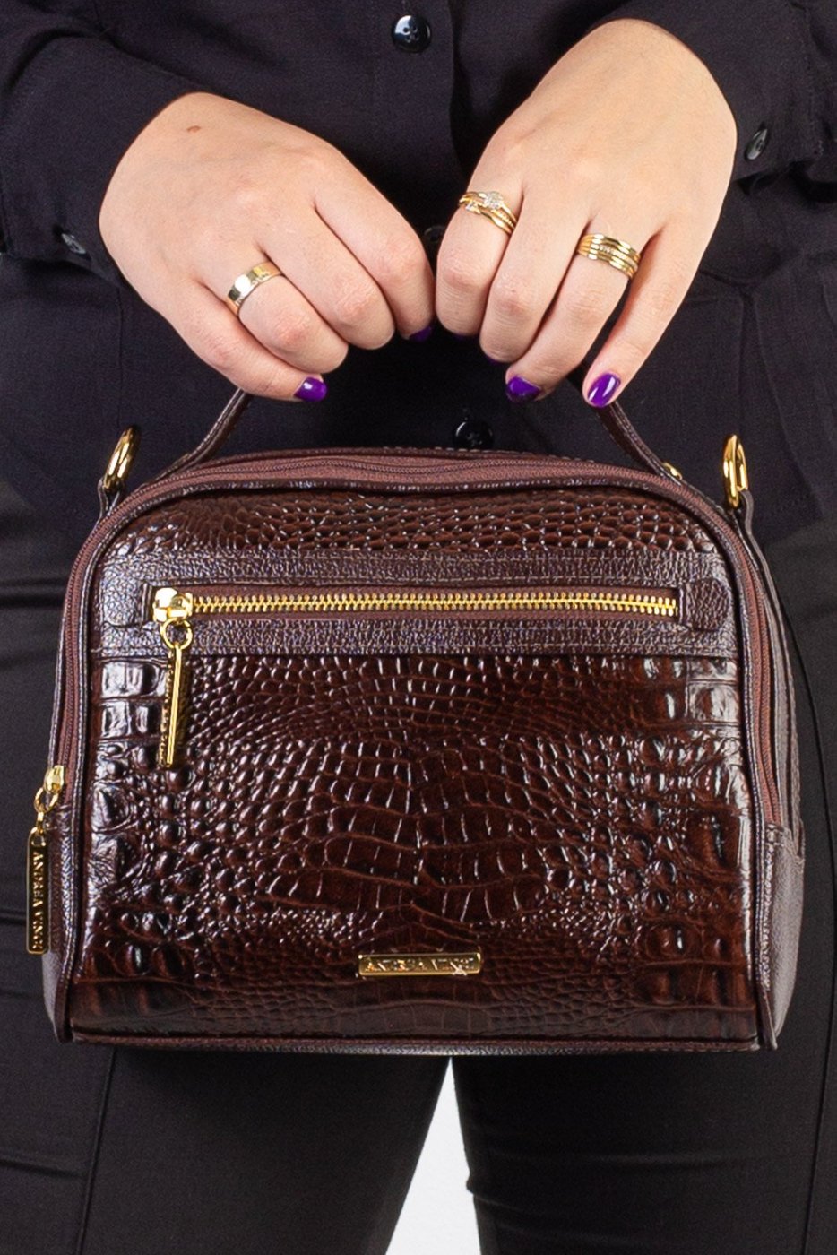 Imagem principal Bolsa Andrea Vinci Baú Pequena De Couro Croco Lara - Café azul Andrea Vinci azul