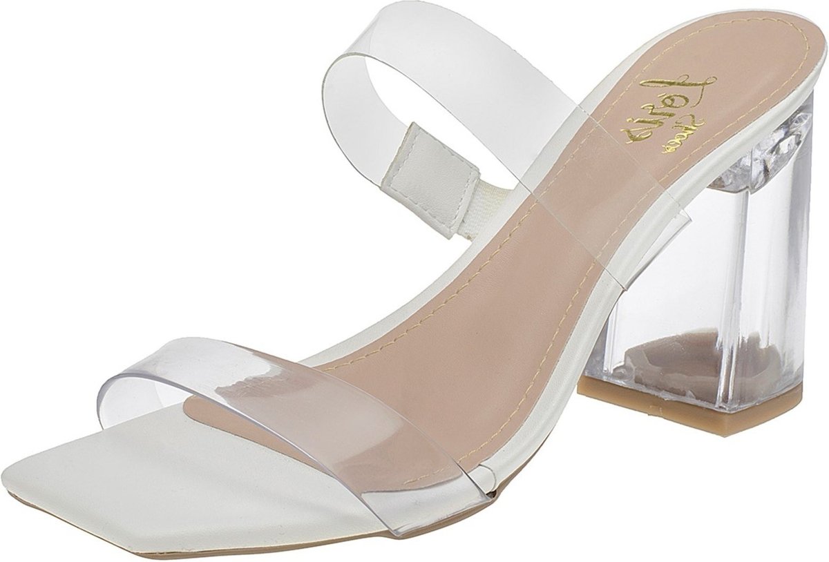 Tamanco Lóris Shoes Sandalia Feminina Vinil Transparente Salto Bloco Cristal Acrilico Moda Branca