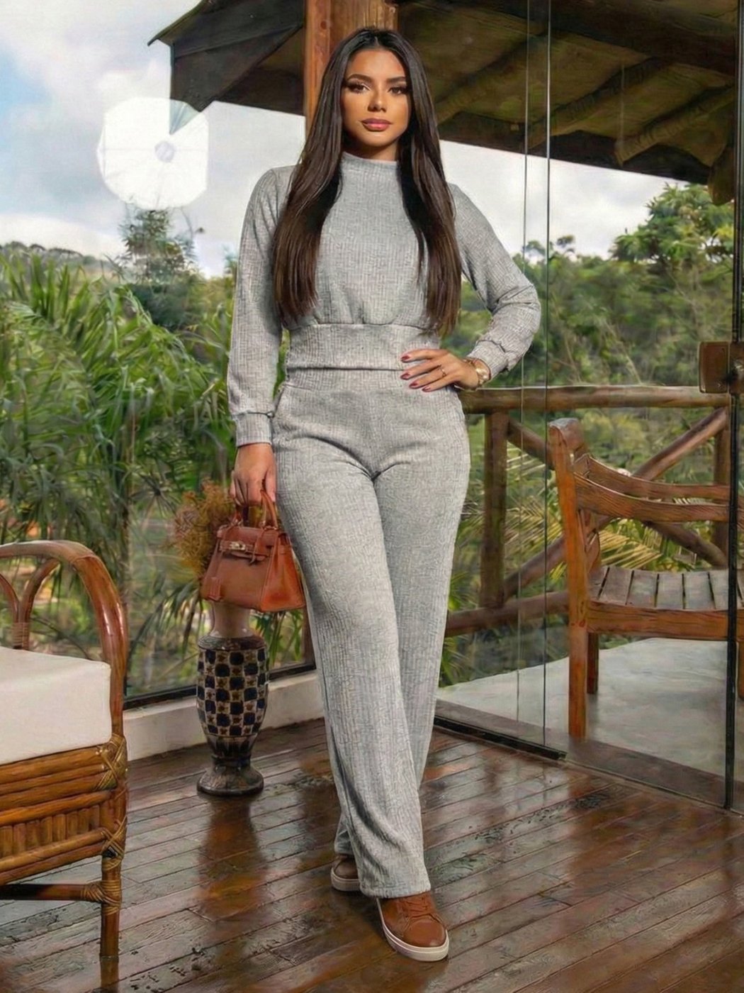 Imagem principal Conjunto Feminino Blusa Manga Longa de Frio Calça Reta Cintura Alta Moletinho Canelado FS CONCEPT cinza FS CONCEPT cinza