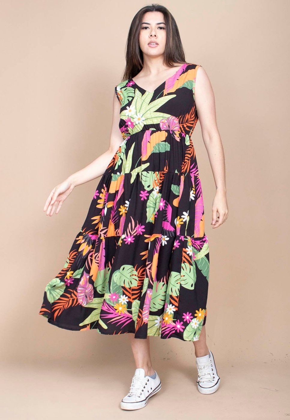 Vestido Cabanafree Regata Longo Peri Viscose Camadas Estampa Noite Botânica