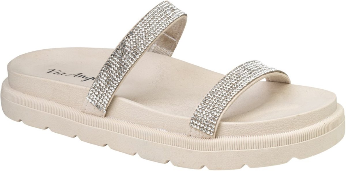 Tamanco Feminino Birk Plataforma Papete Anatomico Tira de Strass Via Angel 8302 Off White