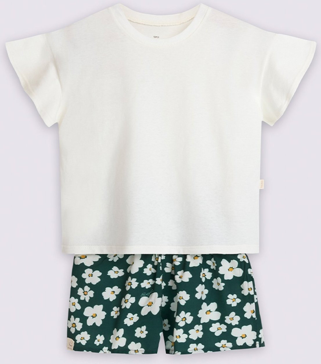 Imagem principal Infantil - Conjunto Menina Bugbee Blusa Lisa Manga Curta Gola Redonda Meia Malha Shorts Estampado Viscose Off White New Off branco/off-white/verde white Bugbee branco/off-white/verde white