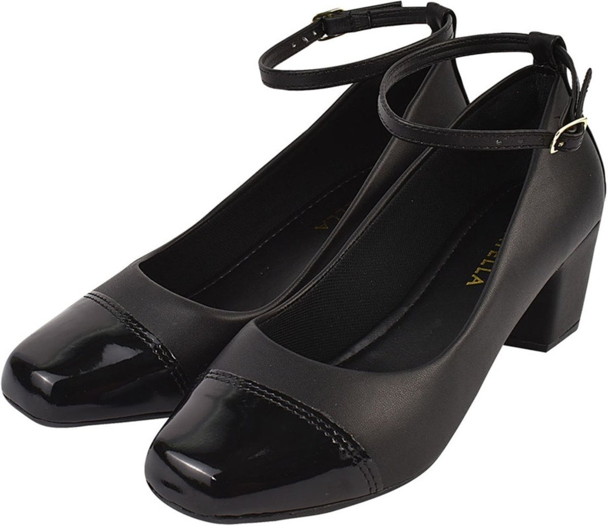 Sapato Scarpin CM Calçados Mary Jane Bico Quadrado Confort Bicolor Verniz