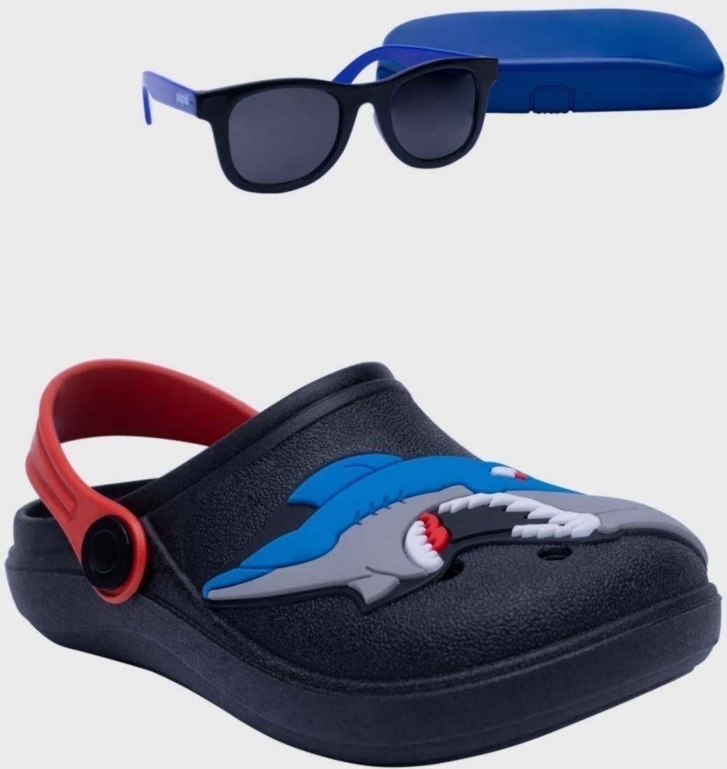 Imagem principal Infantil - Kit Babuche Tubarão Preto e Óculos de Sol Azul com Capinha Pópidí preto azul Pópidí preto azul