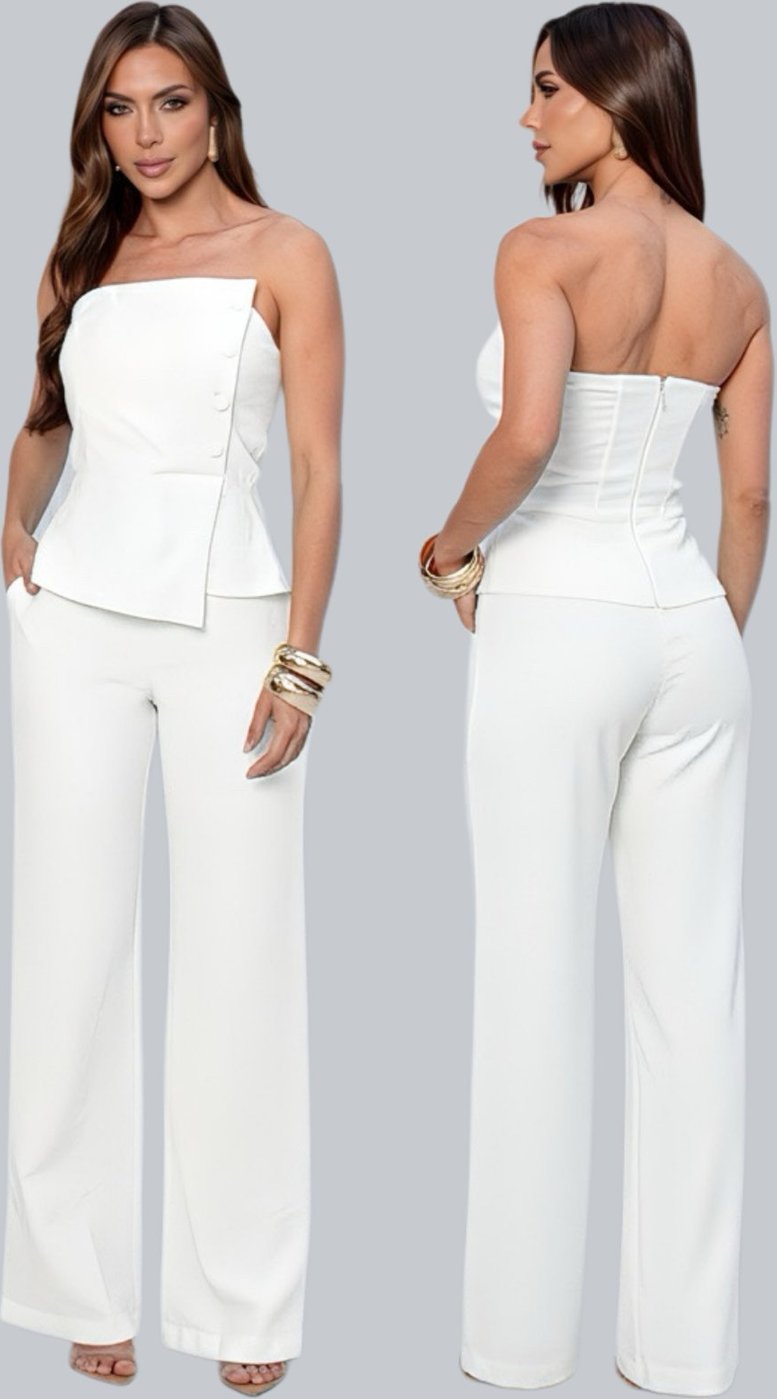 Conjunto Feminino Longo Tropical Fashion Blusa Tomara que Caia e Calça Pantalona