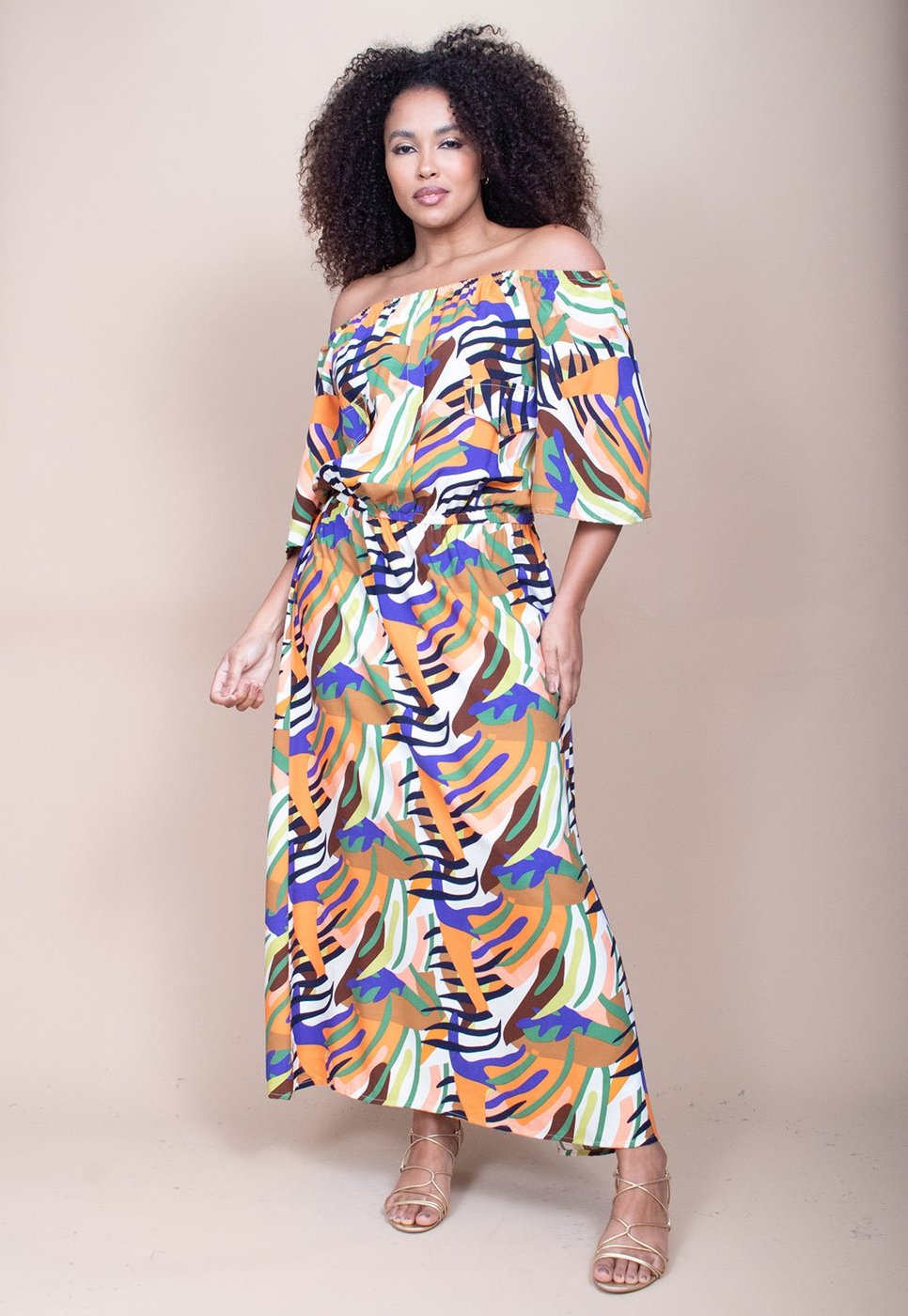 Vestido Midi Cabanafree Ciganinha Viscose com Lapela Estampa Cores Vibrante