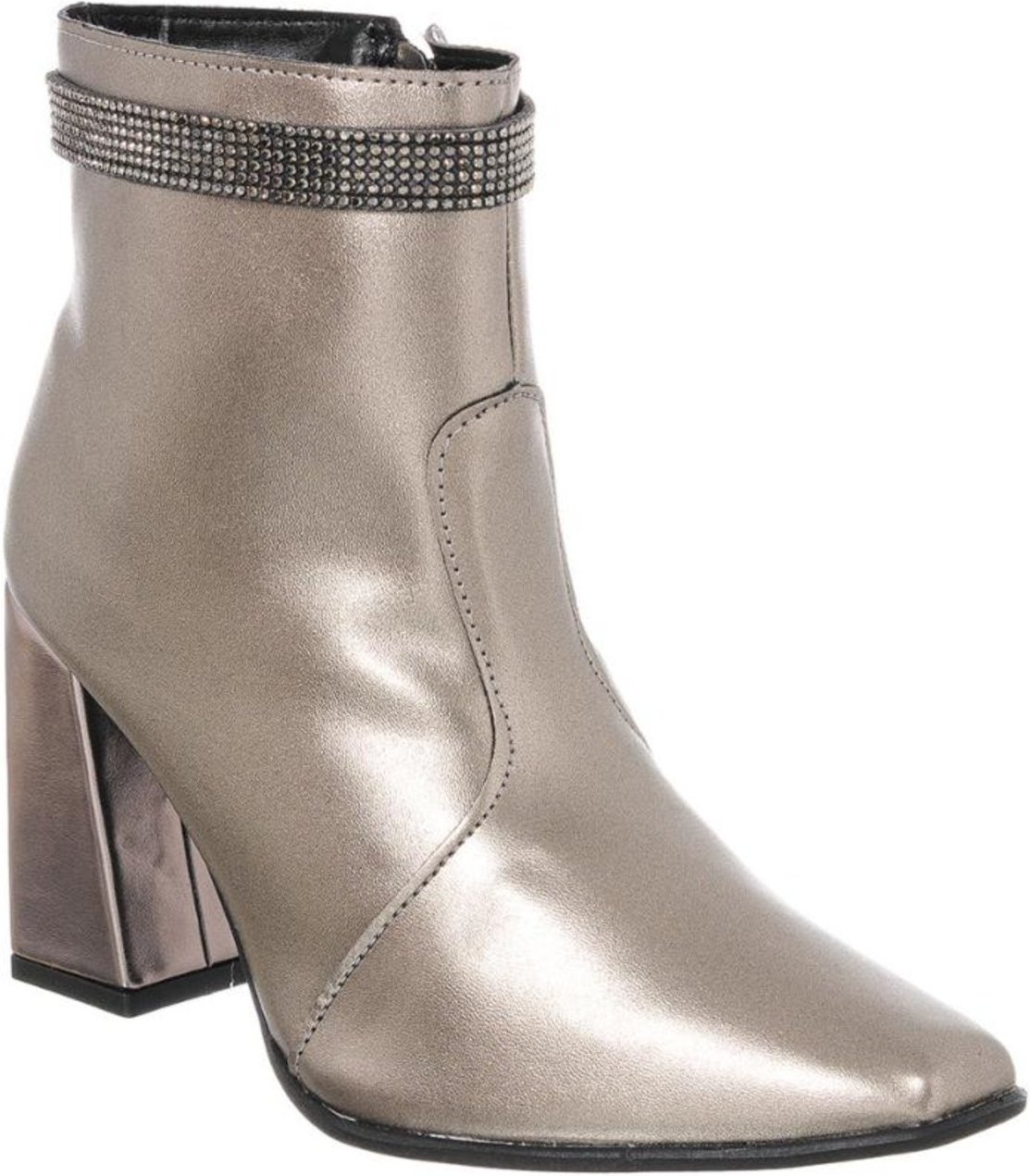 Bota Feminina Cano Curto Salto Alto Bico Quadrado Confortável Metalizada Com Brilho Velho