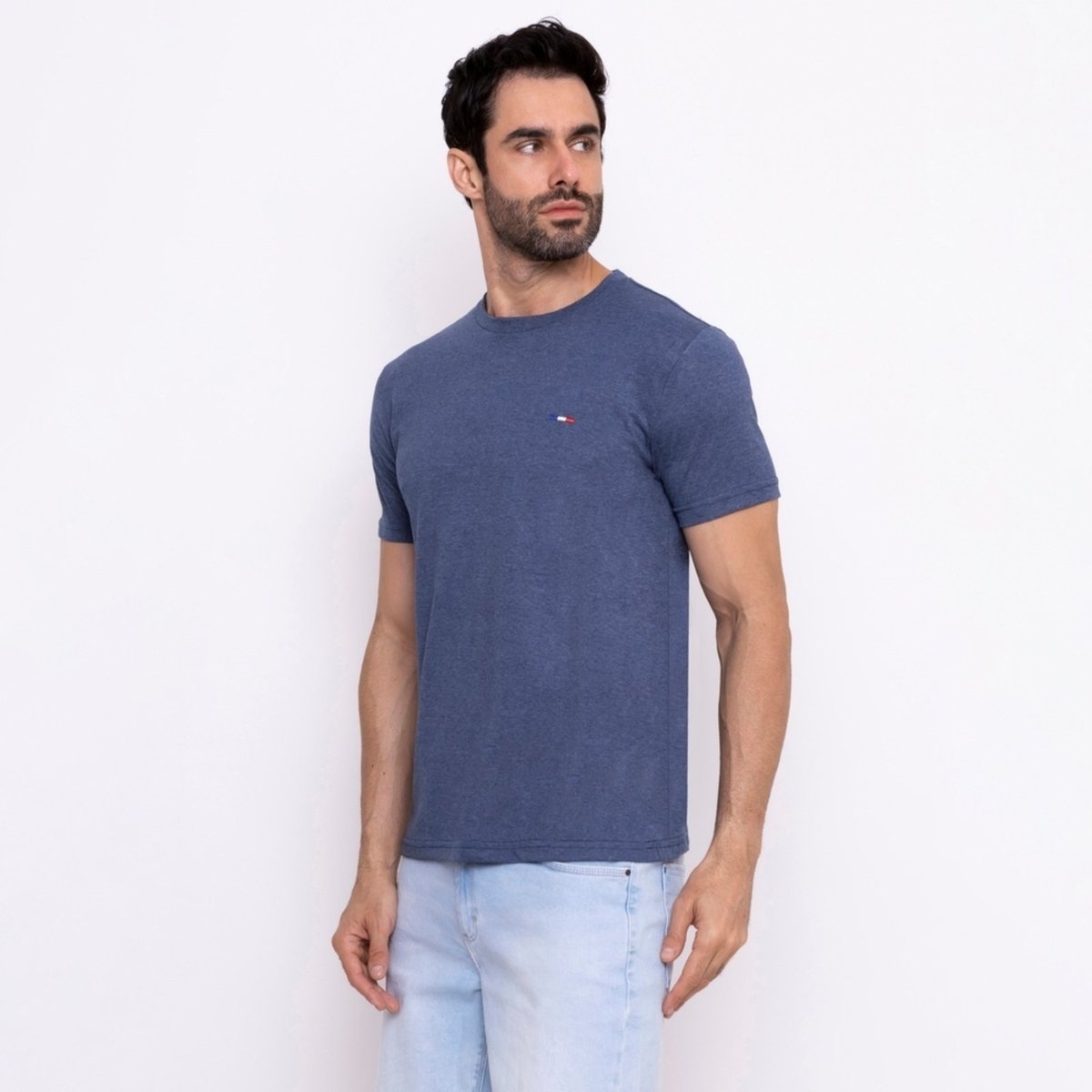 Imagem principal Camiseta Masculina Básica Vih Triny com Bordado no Estilo Tommy Algodão Premium França Marinho mescla azul Vih Triny azul