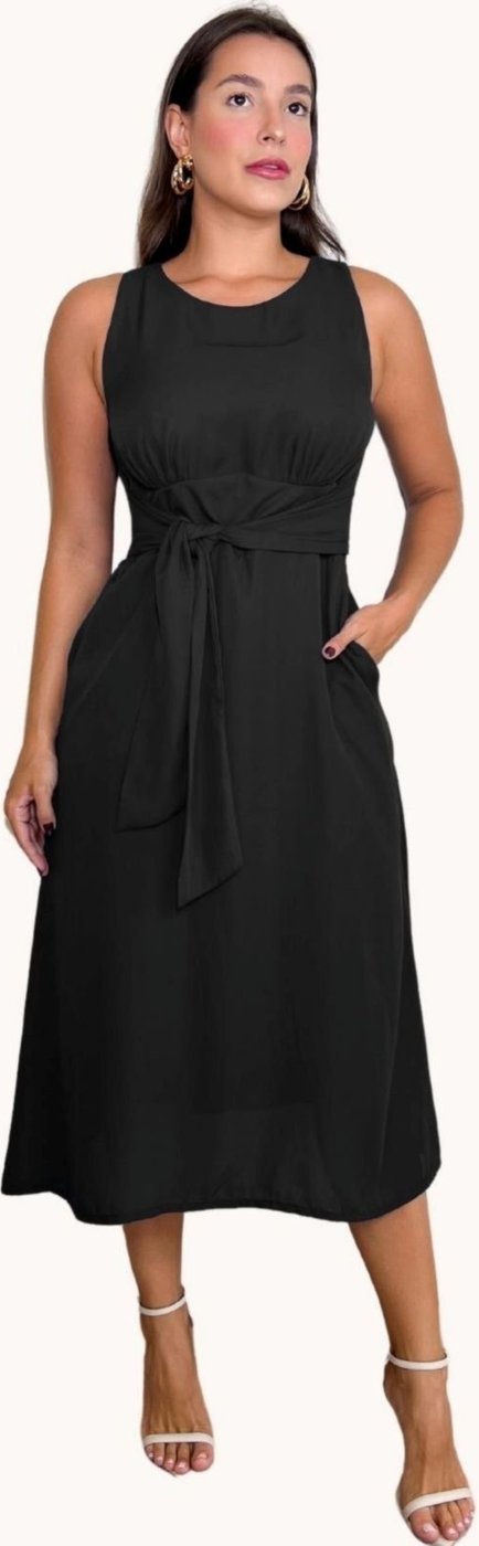 VESTIDO MIDI COM FAIXA E BOLSO
