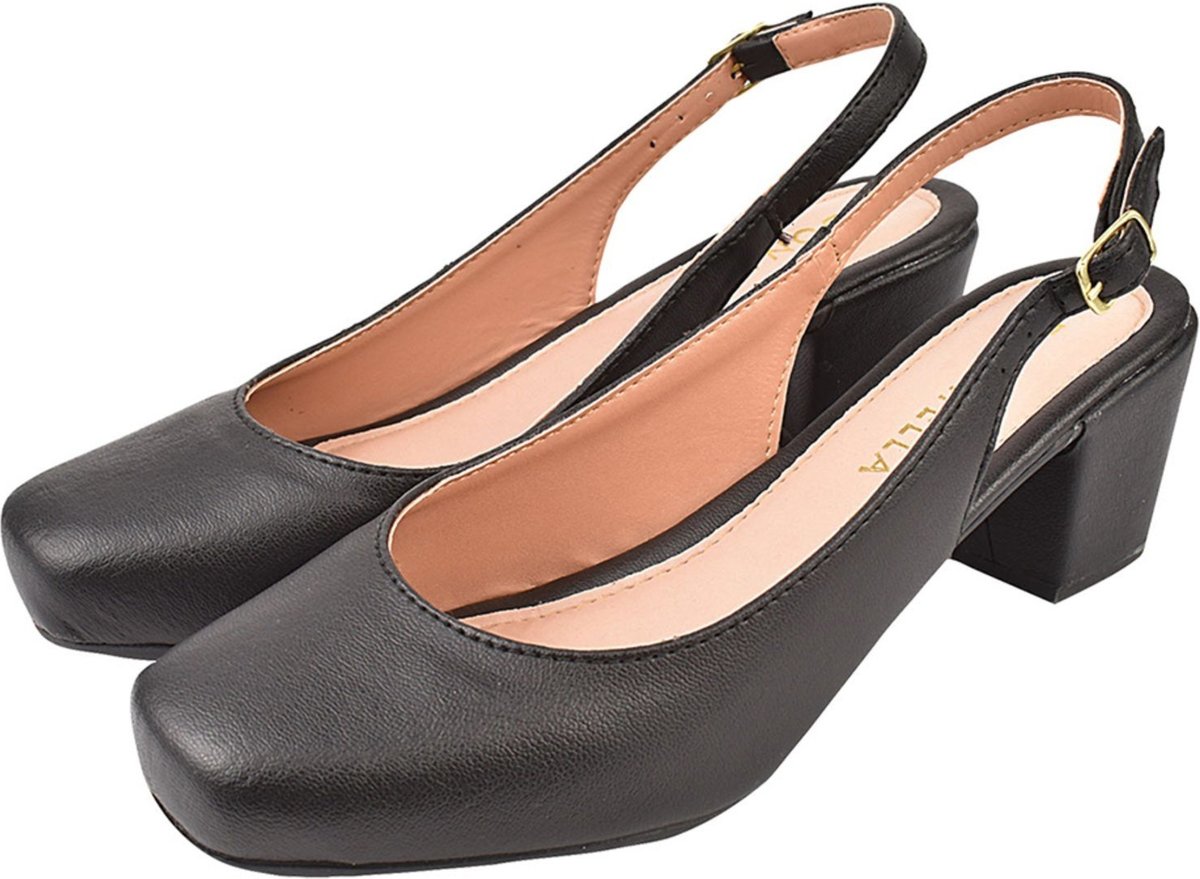 Sapato Scarpin Aberto Donatella Shoes Bico Quadrado Salto Confort Fivela