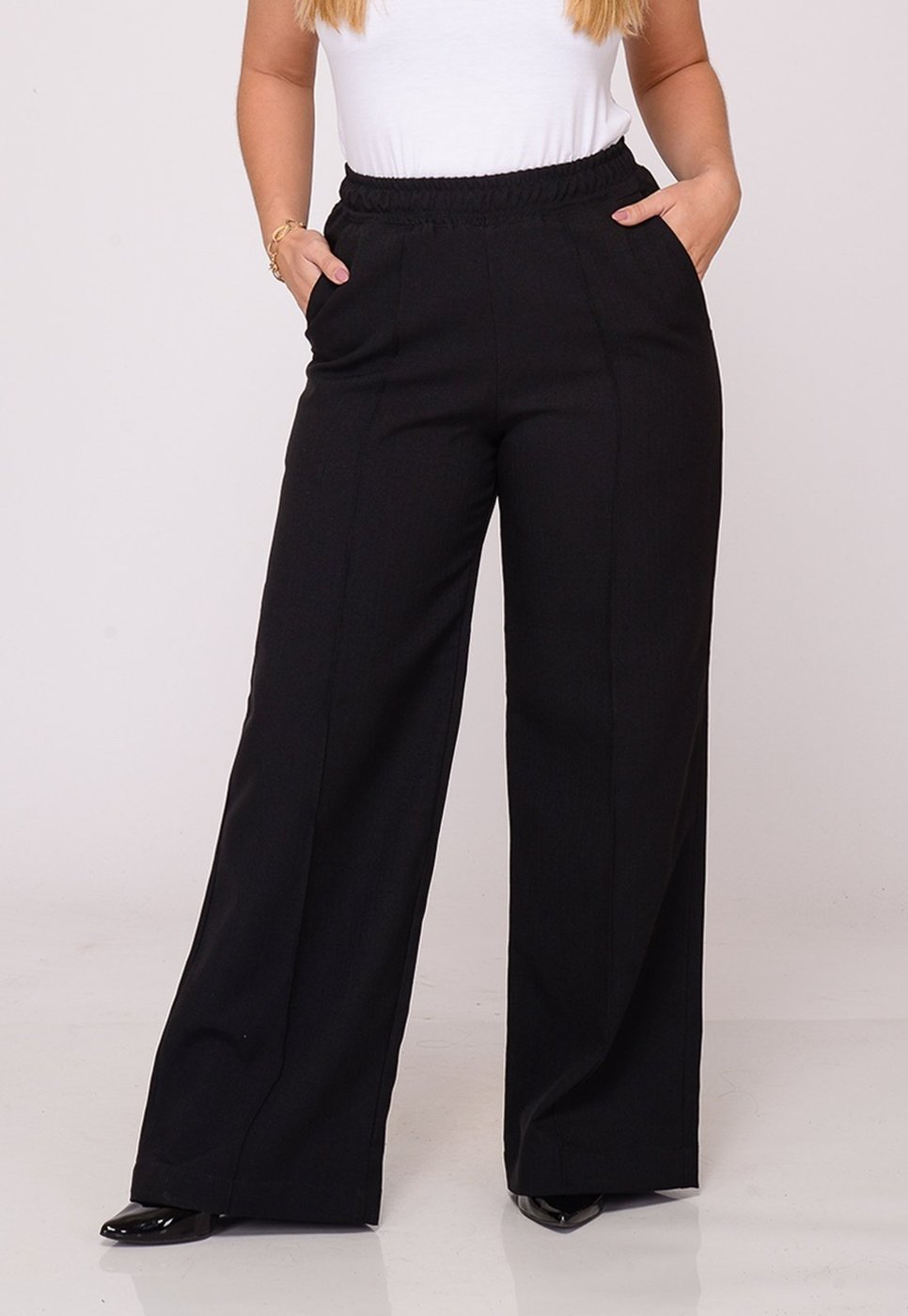 Calça Wide Leg Feminina Cintura Alta Elastico