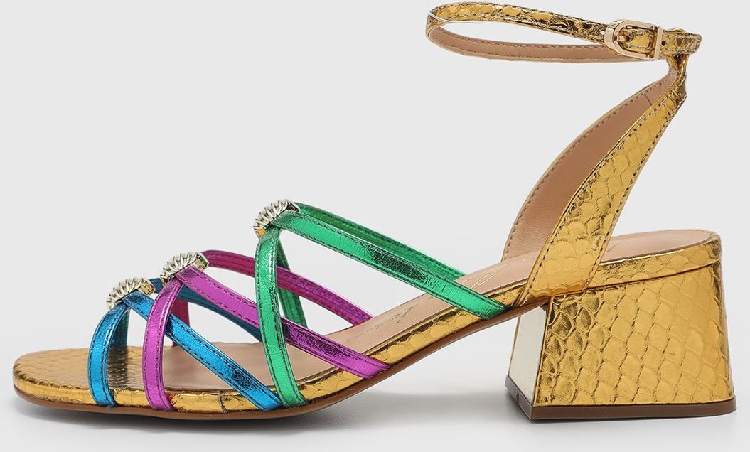 Imagem principal Sandália Feminina Luiza Barcelos Salto Bloco Tiras Metalizadas Multicoloridas Dourada dourado Luiza Barcelos dourado