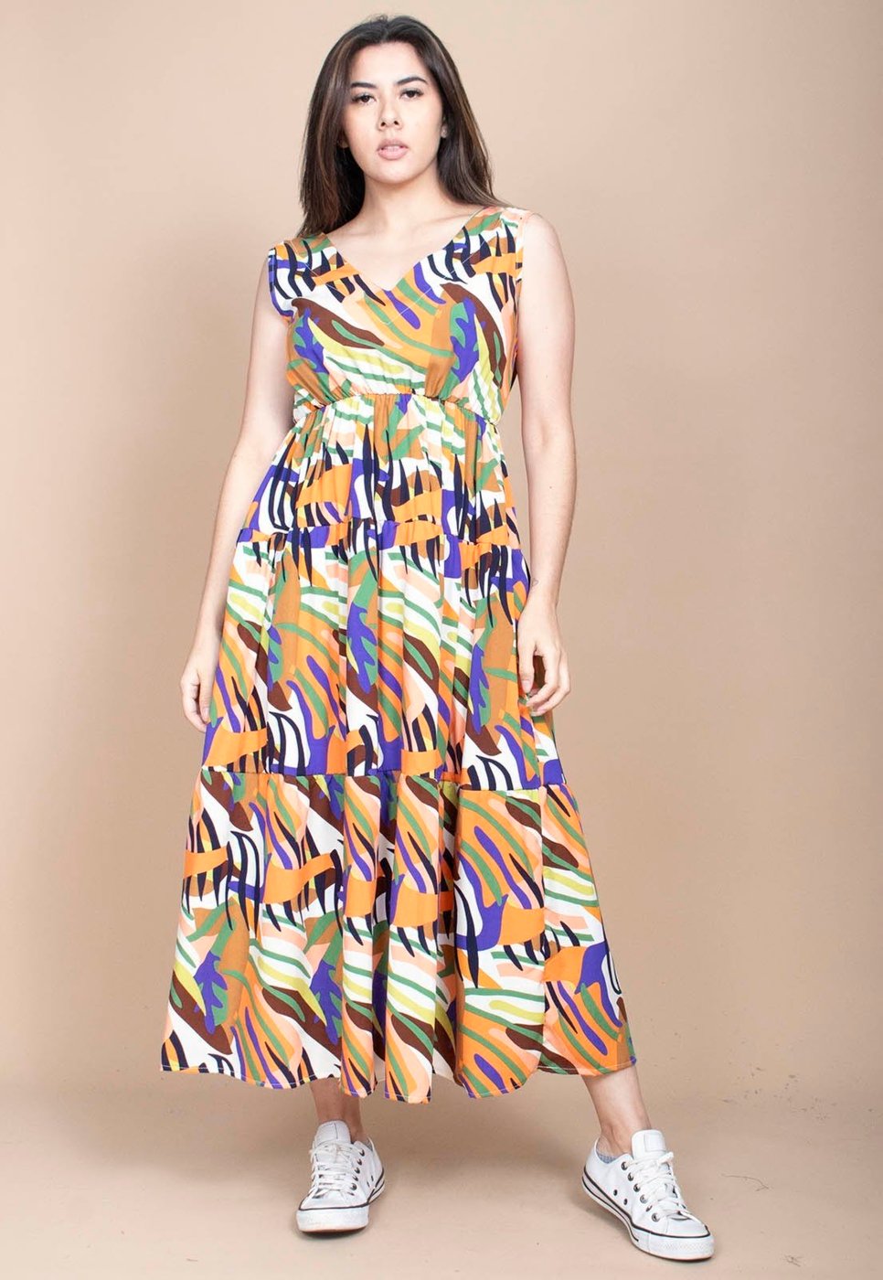 Vestido Cabanafree Regata Longo Peri Viscose Camadas Estampa Cores Vibrante