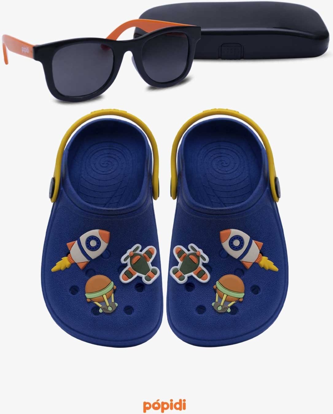 Imagem principal Infantil - Kit Babuche Aereo Pópidi Azul Royal com Óculos de Sol Laranja Com Capinha amarelo/laranja azul Pópidí amarelo/laranja azul