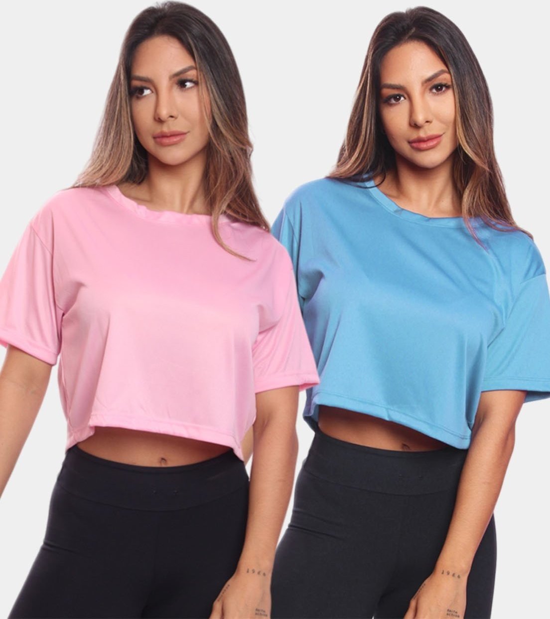 Imagem principal Kit 2 Cropped Manga Curta Feminino Dry Proteção UV Blusa Blusinha Academia Treino Rosa/Azul ADRIBEN preto rosa ADRIBEN preto rosa