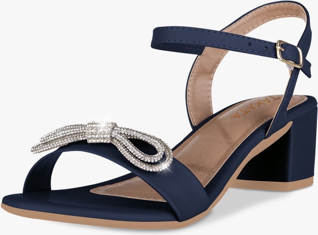 Sandália Feminina Salto Baixo Bloco Grosso Casual Confortável Laço Brilho Strass Marinho