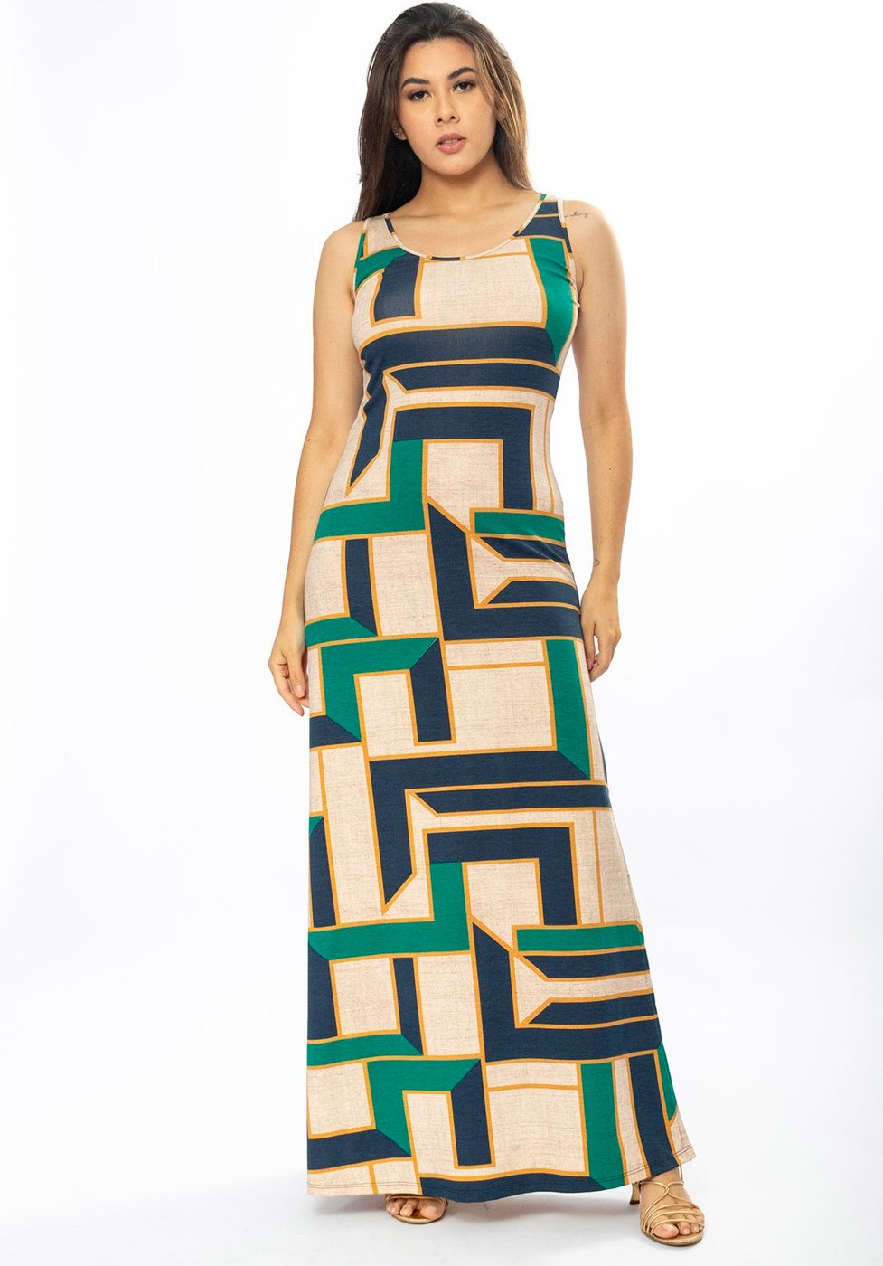 Vestido Longo Cabanafree Butiá Malha Regata Estampa Chapada de Areia