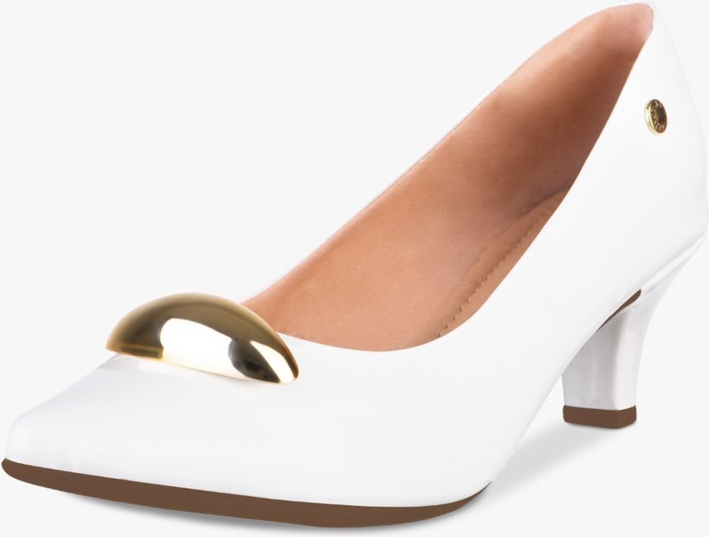 Scarpin Feminino Salto Fino Baixo Enfeite Metal Dourado Metalizado