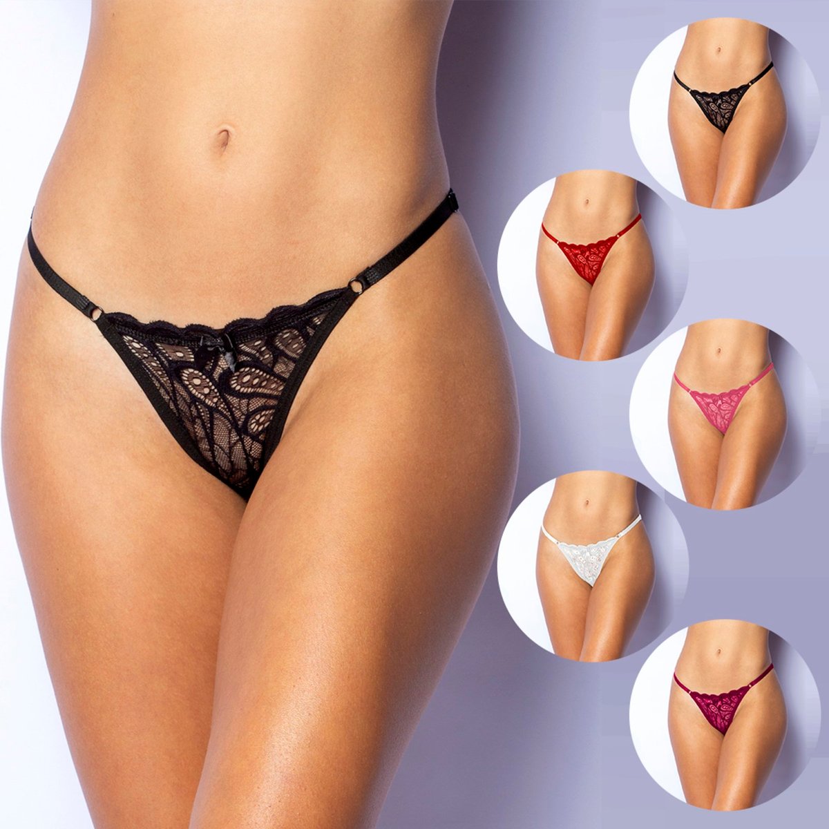 Imagem principal Kit 3 Gabi Lingerie Tangas Fio Dental Lingerie Sexy Rendada com Regulagem Moda Feminina multicolorido Gabi Lingerie multicolorido