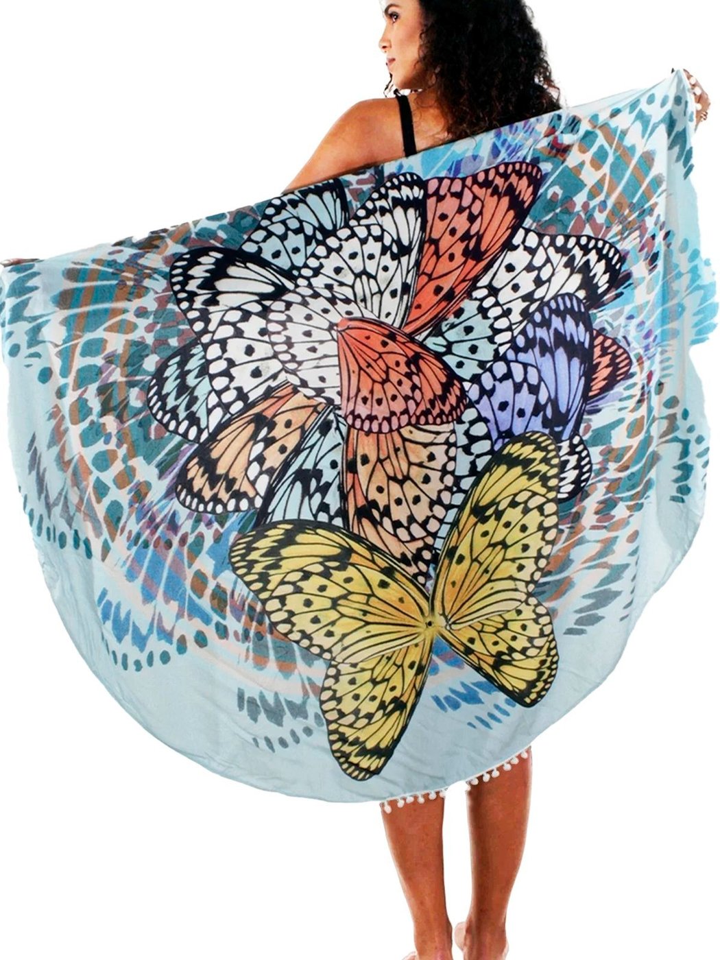 Imagem principal Canga REDONDA Pareô POMPOM Viscose Estampada EXCLUSIVA Borboletas 101 Resort Wear azul 101 Resort Wear azul