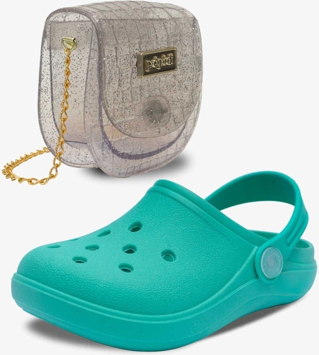 Imagem principal Infantil - Kit Bolsa e Sandalia Babuche Chinelo Pópidi Menina Verde e Glitter prata/verde verde Pópidí prata/verde verde