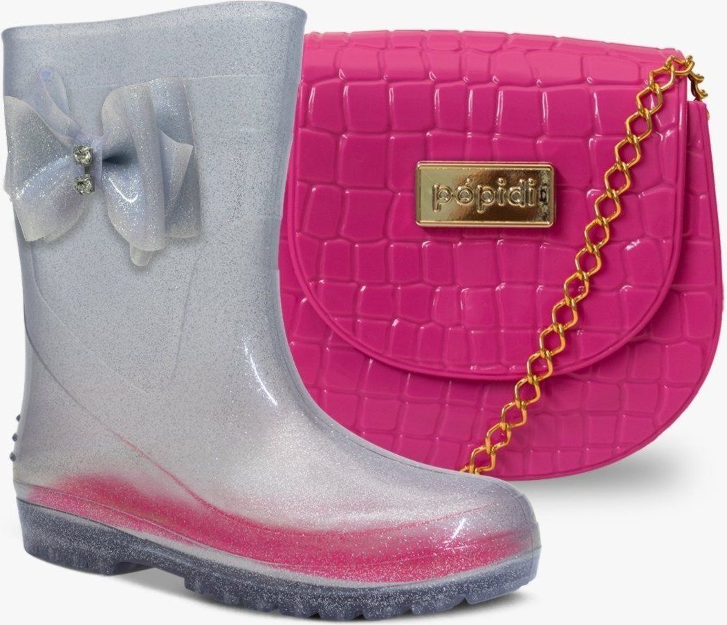 Imagem principal Infantil - Kit Bolsa e Bota Galocha Feminina Pópidi Menina Laço Glitter Prata e pink/prata pink Pópidí pink/prata pink