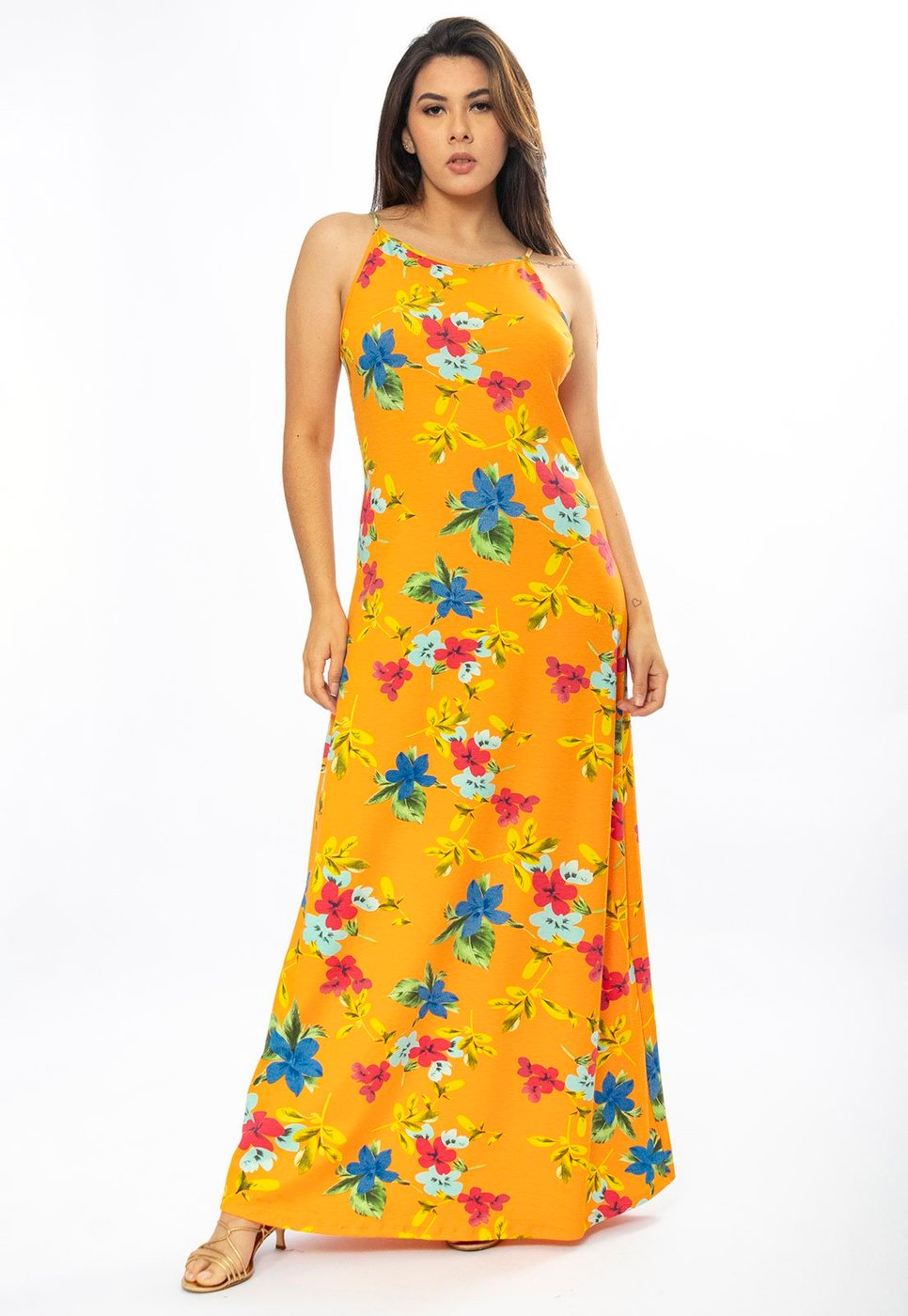 Vestido Longo Cabanafree Malha Trapézio Laranja Floral
