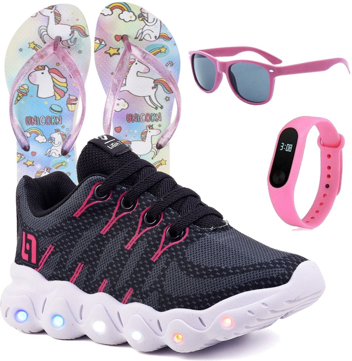 Infantil - Kit Tênis De Led Pink Meninas Escolar Chinelo Óculos Relógio