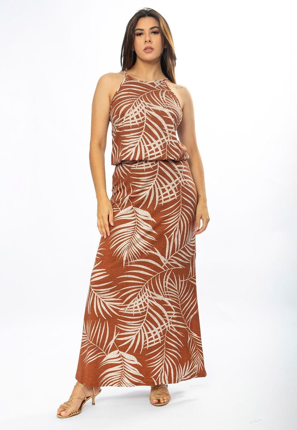 Vestido Longo Cabanafree Malha Trapézio com Elástico na Cintura Palmas da Terra