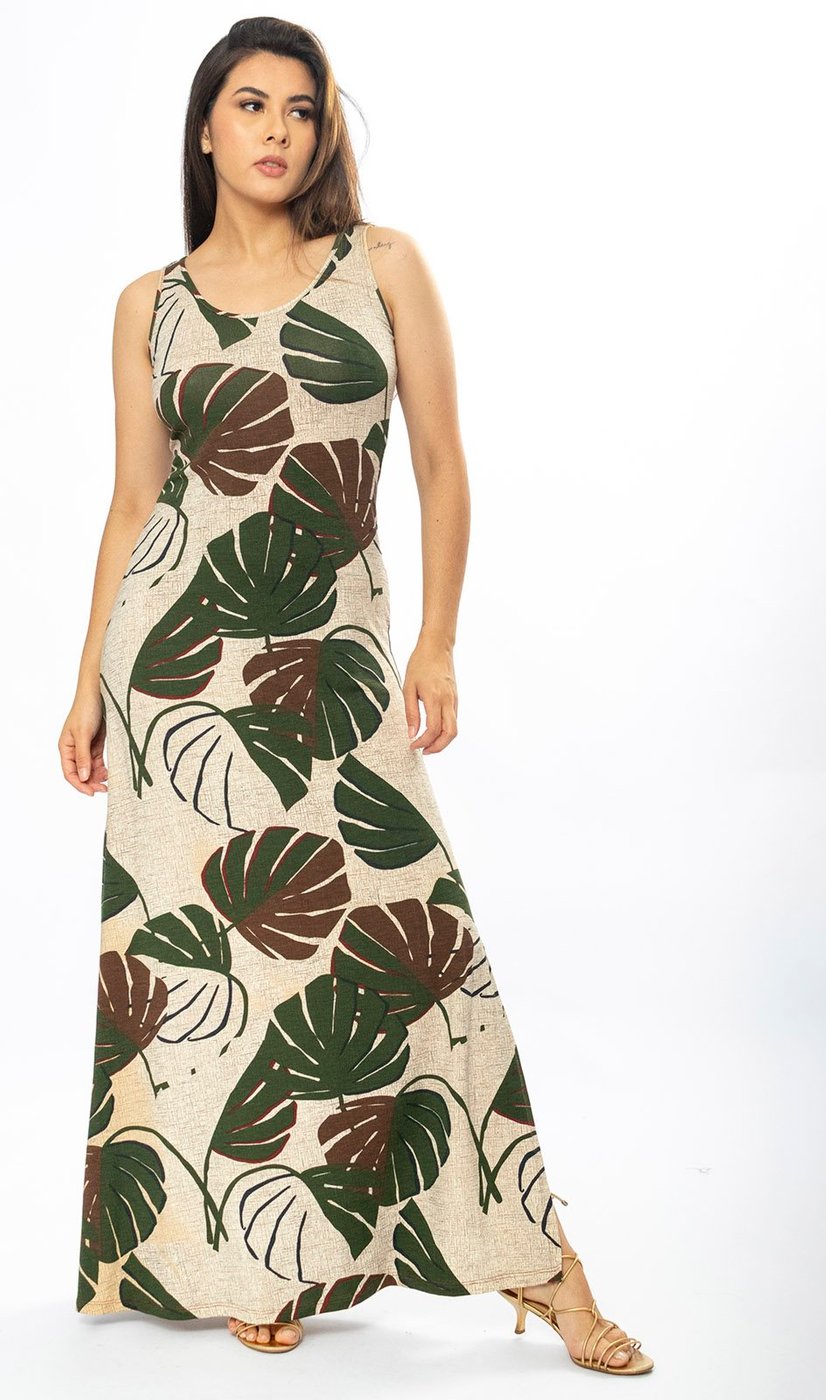 Vestido Longo Amazônia Vital Butiá Malha Regata Estampa Folhagem Verde e Marrom