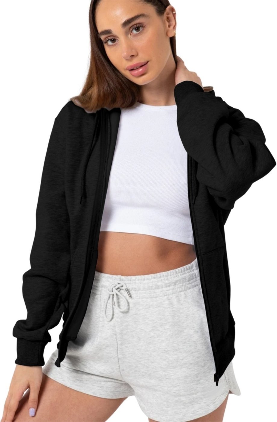 Imagem principal Blusa Moletom Feminina de Zíper Com Capuz e Bolso Canguru 2 Cores Estilo Casual Liso Relaxado preto Relaxado preto