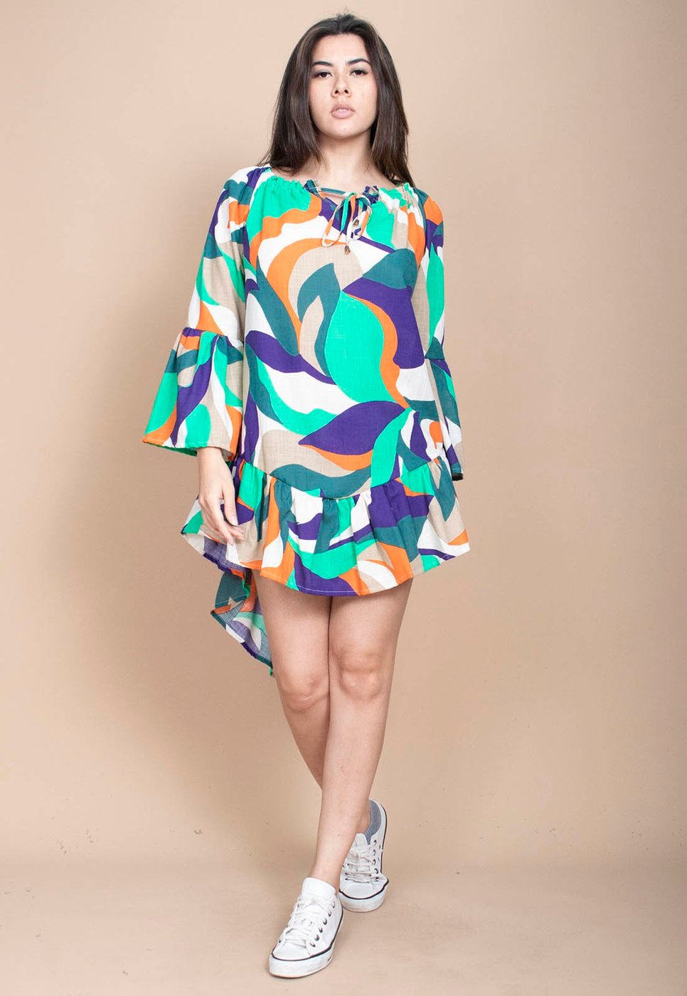 Vestido Curto Cabanafree Viscose Com Babados Estampa Brisa do Mar