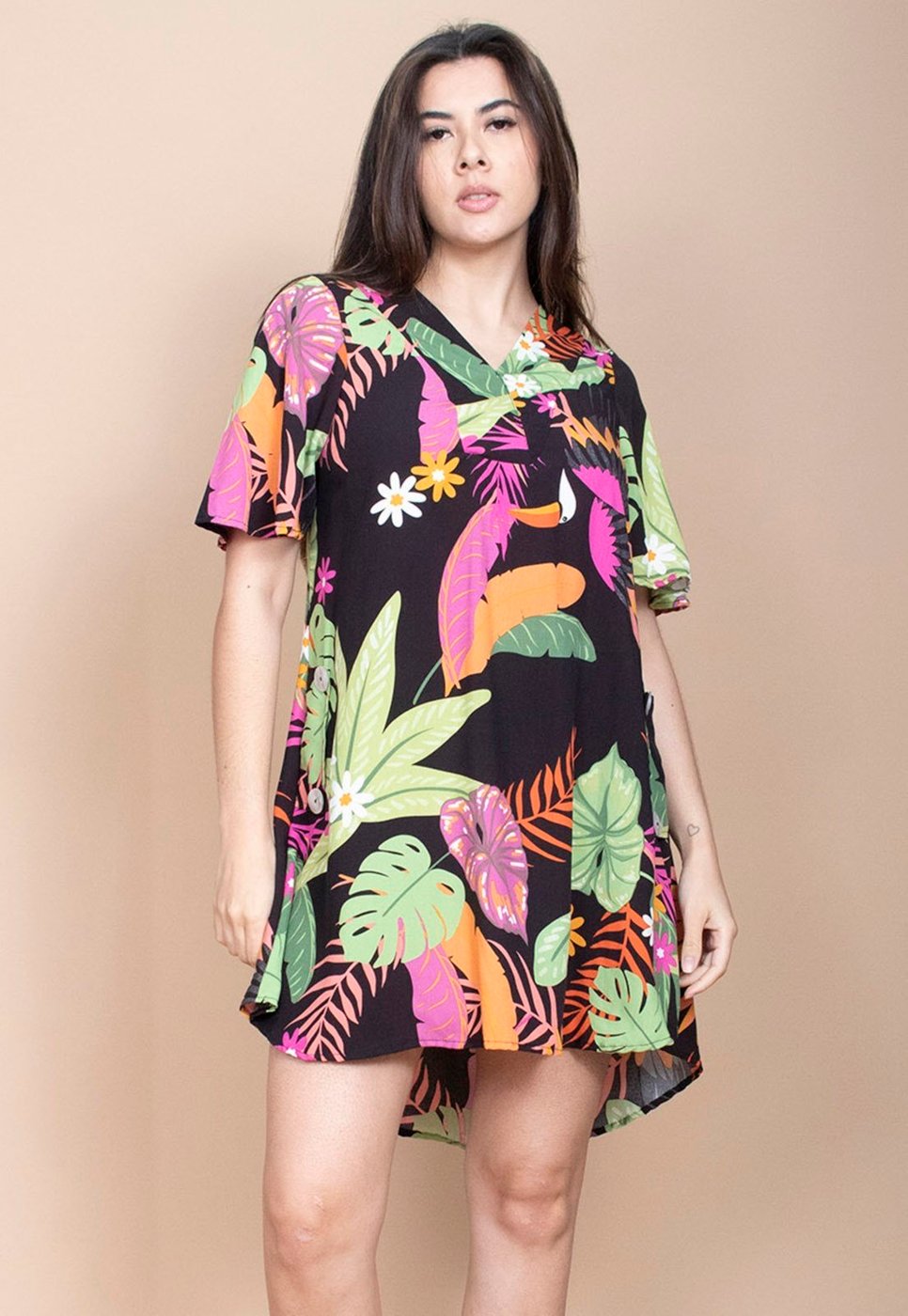 Vestido Curto Cabanafree Pataxô Viscose Mullet Decote V Noite Botânica