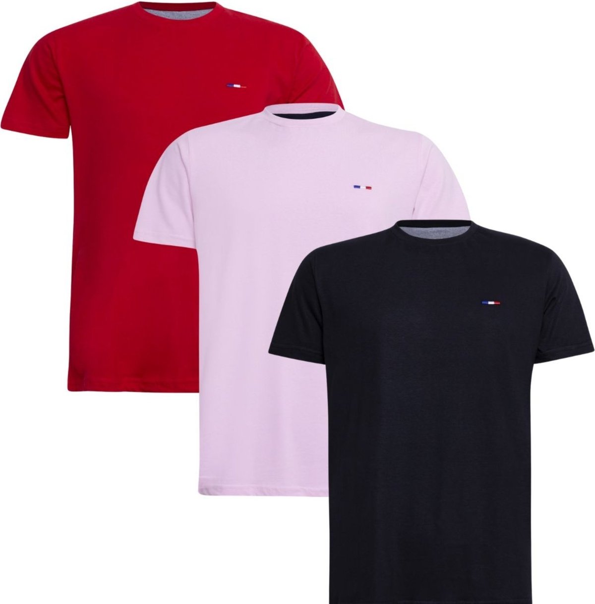Imagem principal Kit 3 Peças Camisetas Básicas Masculina FMF Vermelho Rosa Preto em Algodão Premium no Estilo Tommy Bordado França preto rosa FMF preto rosa