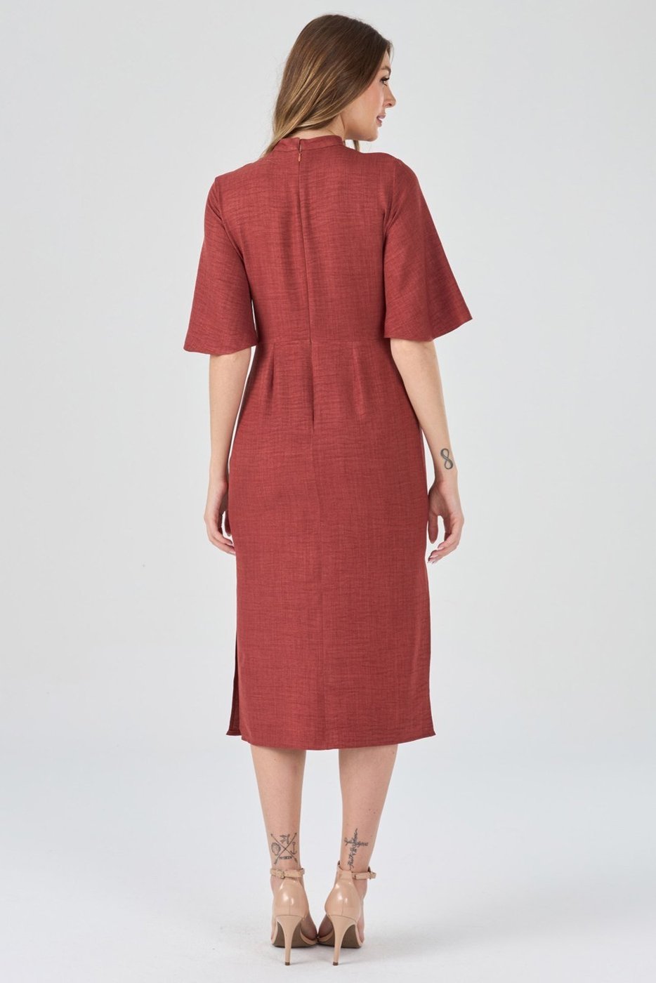 Vestido Midi PKS Mangas 3/4 Terracota