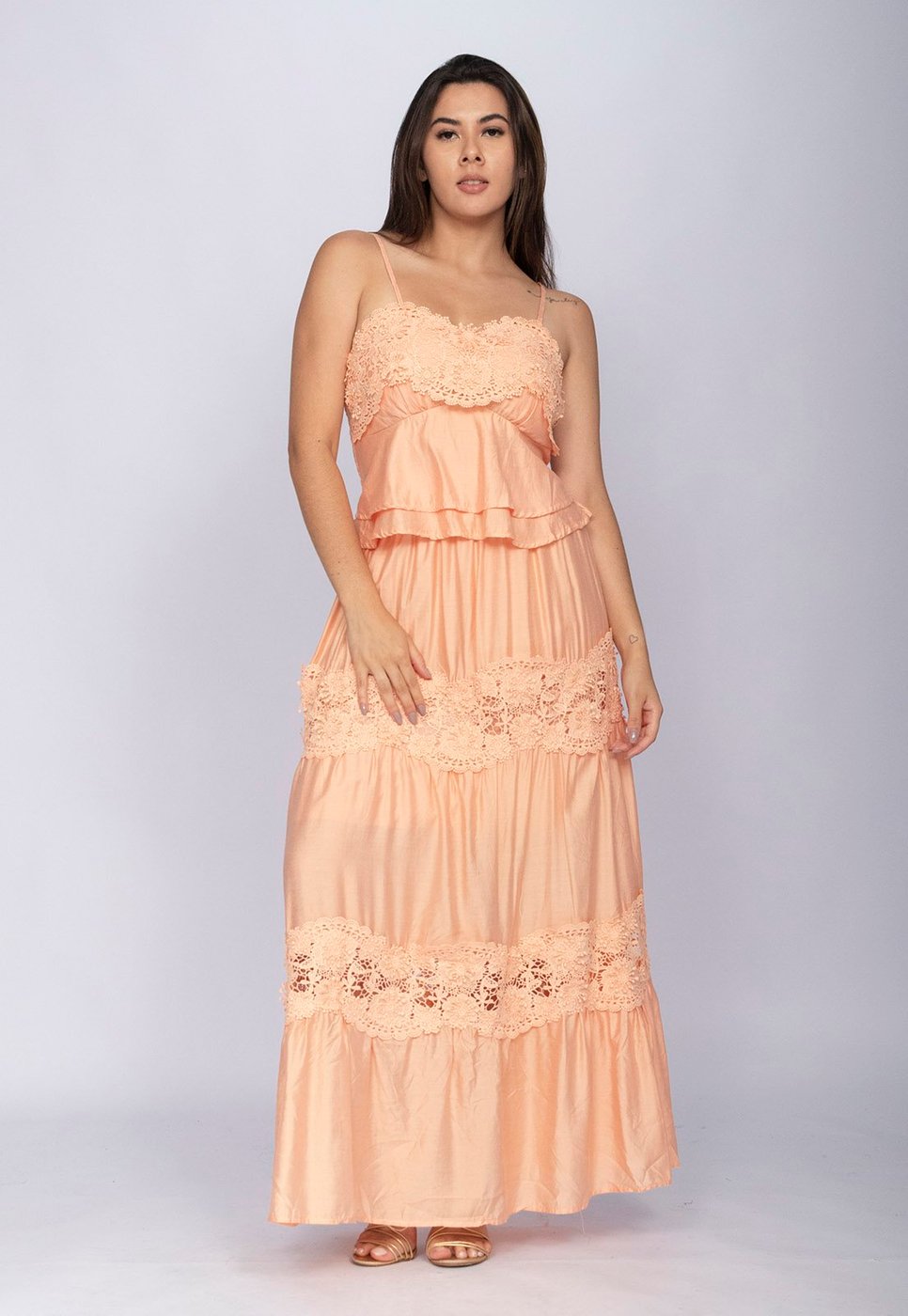 Conjunto Amazonia Vital de Saia e Croped Flora Amazônica Renda Pêssego