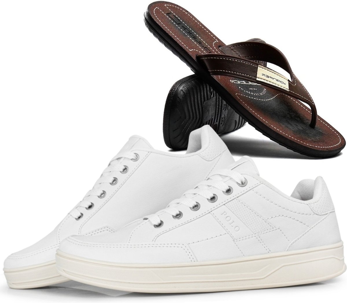 Imagem principal Tênis Masculino Sneakers Polo Kit Chinelo Havana Flip-Flops Resistente Sapatofran branco/marrom Sapatofran branco/marrom