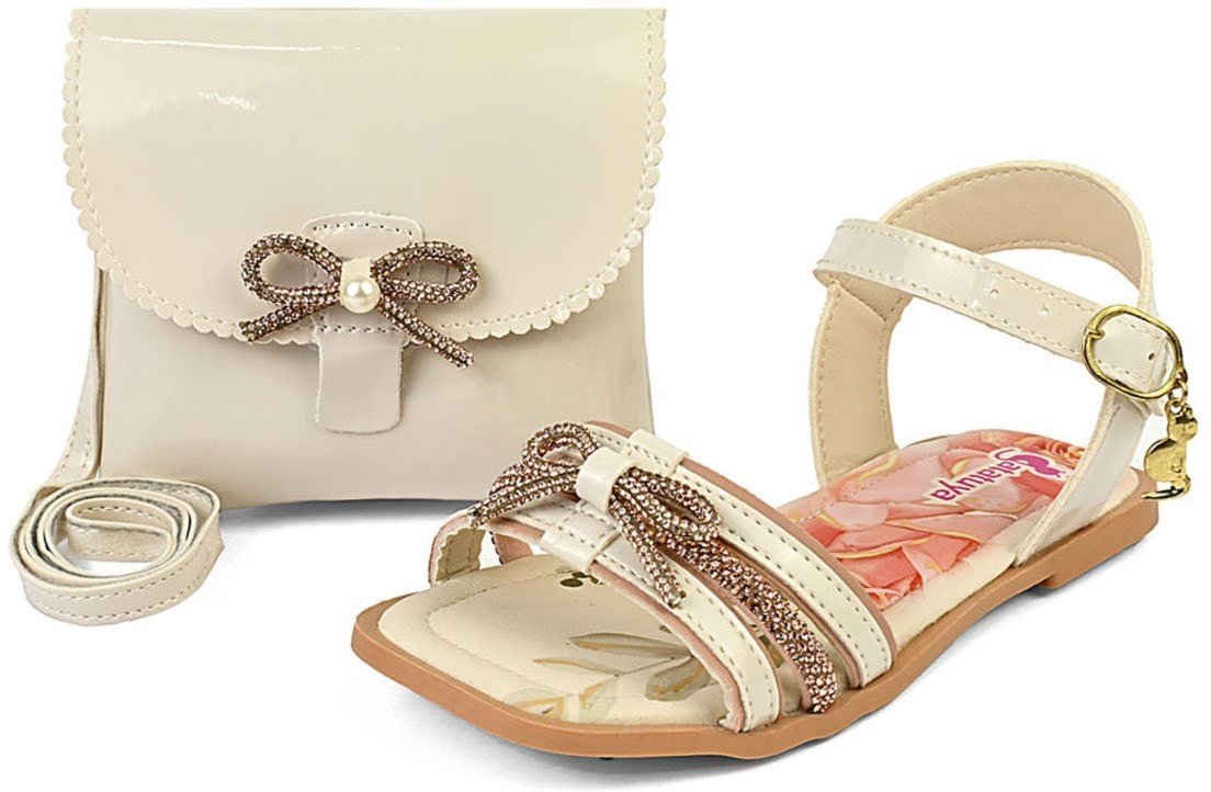 Infantil - Kit Sandália Feminina Rasteira Com Bolsa Brilho Laço Off White