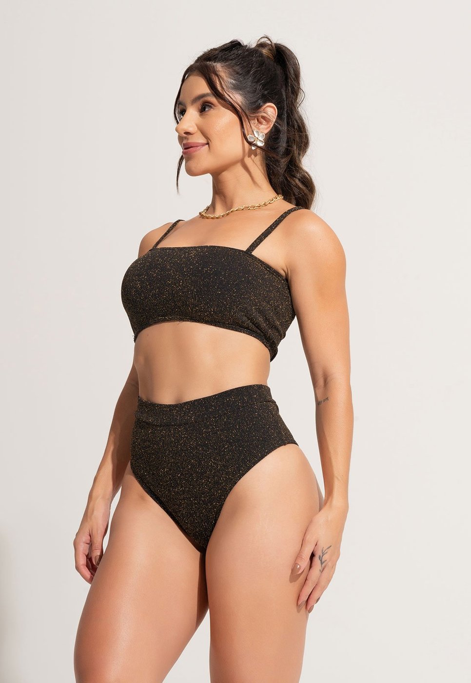 Biquíni Cropped Top Faixa Hot Pants Cintura Alta Lurex Radiance