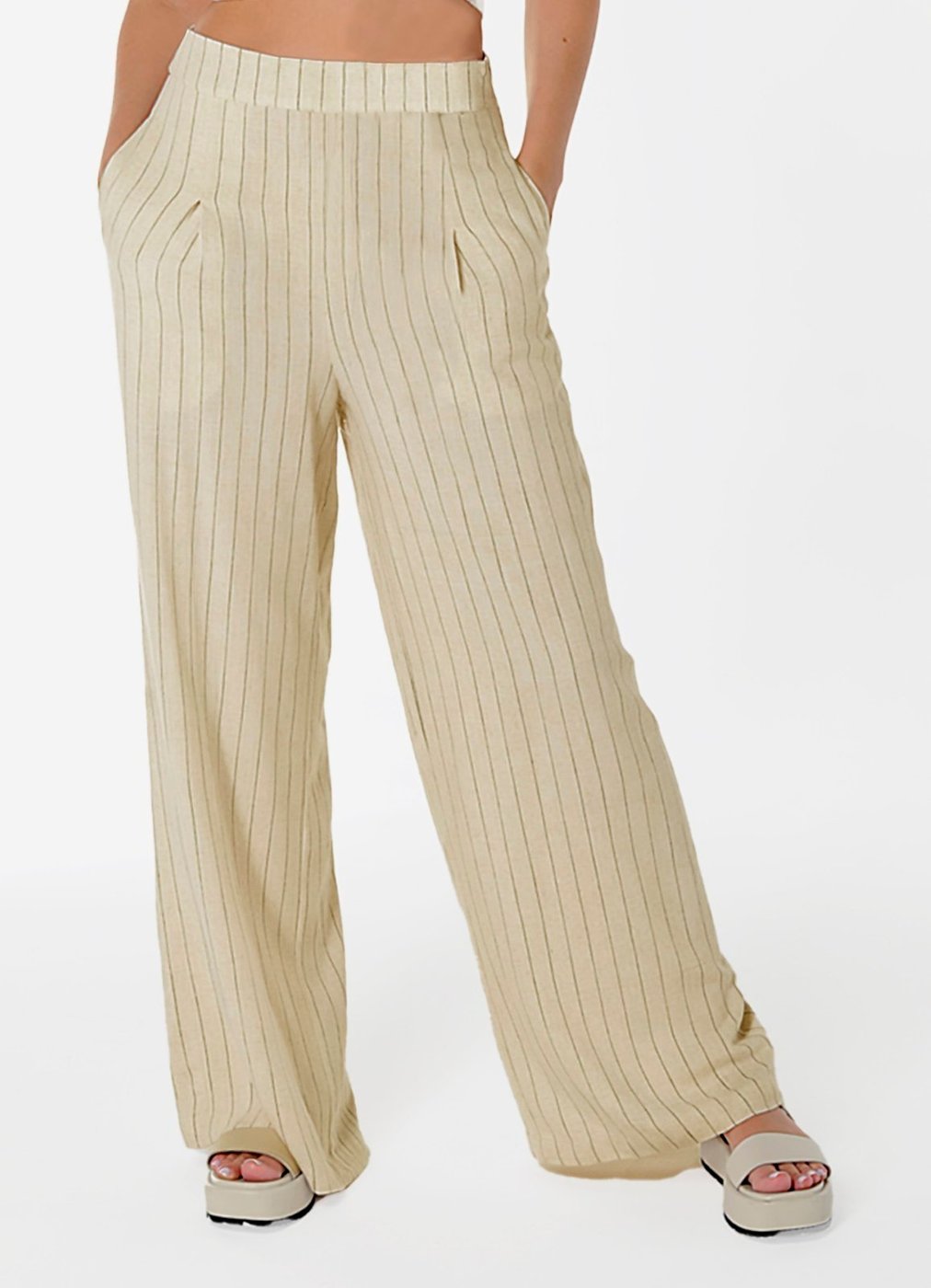 Calça Pantalona de Linho Risca de Giz com Bolsos