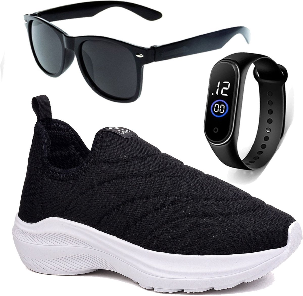 Infantil - Tenis Menino e Menina Calce Facil Preto e e Óculos e Relógio