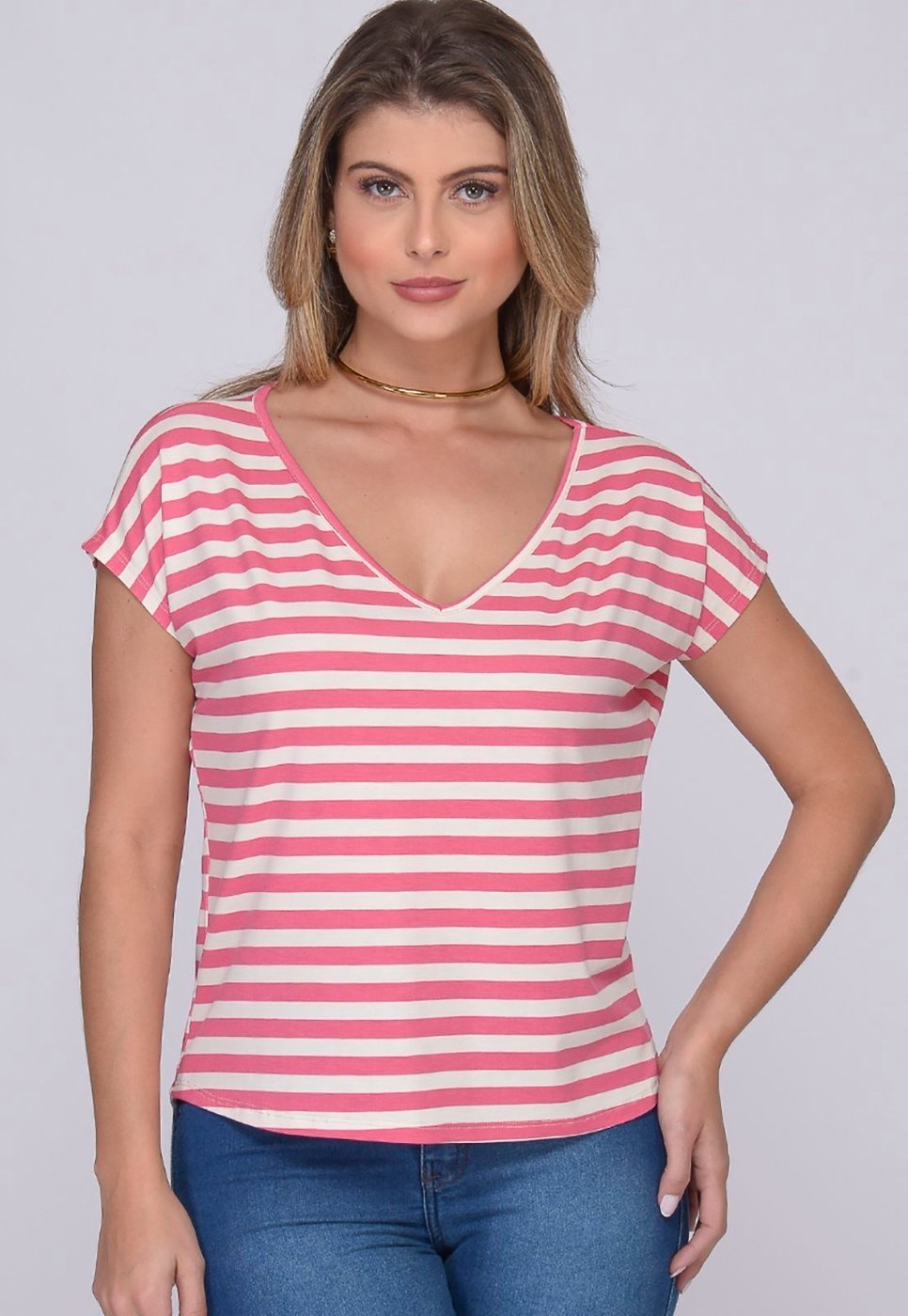 Imagem principal Blusa M/C Decote V B’Bonnie Ioná Listra Rosa BBonnie listrado rosa BBonnie listrado rosa