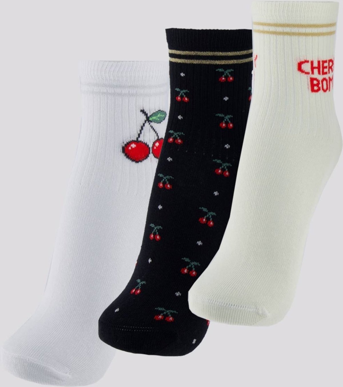 Kit Meia Selene 3 Pares Soquete Feminina Marfim Preta e Branca