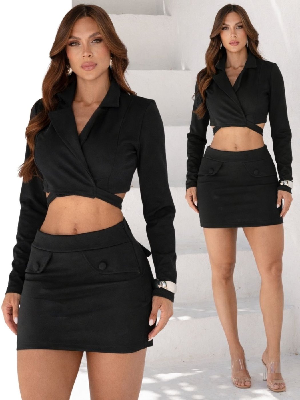Conjunto Feminino Curto Divina Gata Cropped Blazer e Saia Montaria