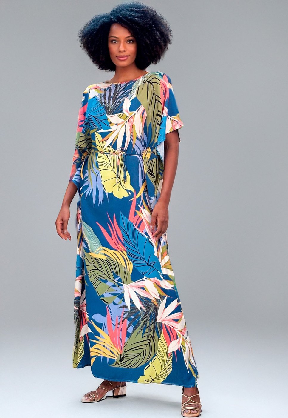 Vestido Amazonia Vital Kaftan Viscose Longo Estampa Brisa Botânica