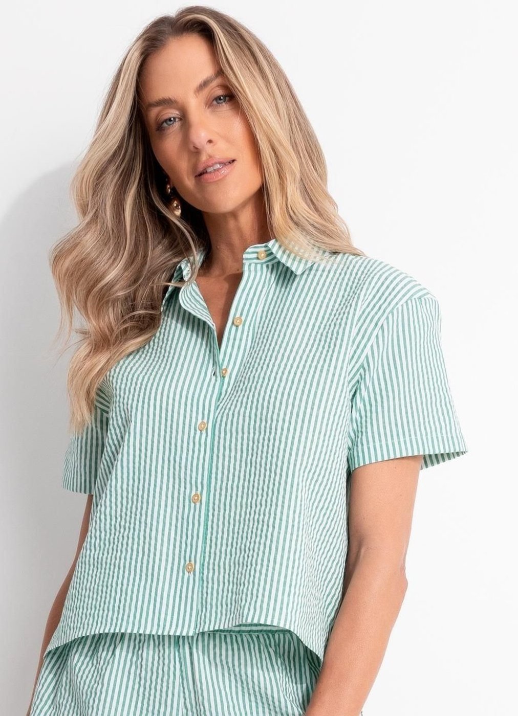 Imagem principal Camisa Em Anarruga Fio Tinto Listrado Quintess verde Quintess verde