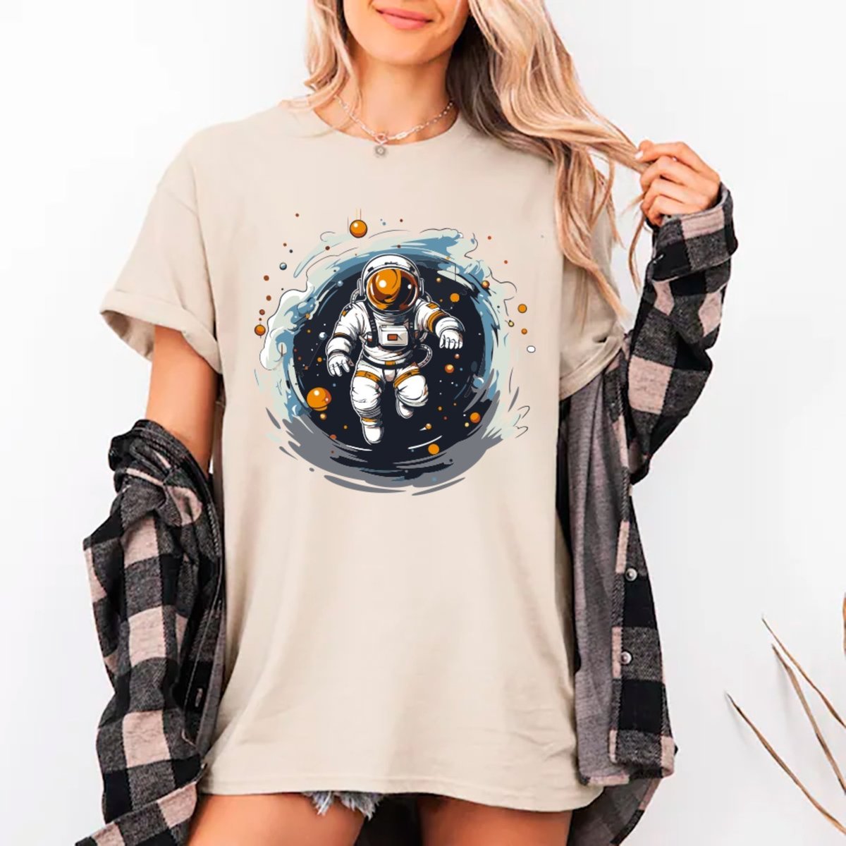 Imagem principal Camiseta Ousy Unissex Streetwear Astronauta Vórtice Espacial Visual Impactante Oversized Off White off-white white ousy off-white white