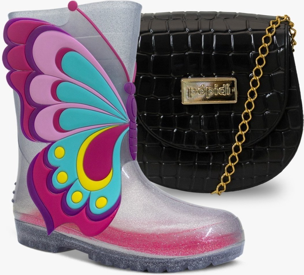 Imagem principal Infantil - Kit Bolsa e Bota Galocha Feminina Pópidi Menina Borboleta Glitter e prata/preto Pópidí prata/preto