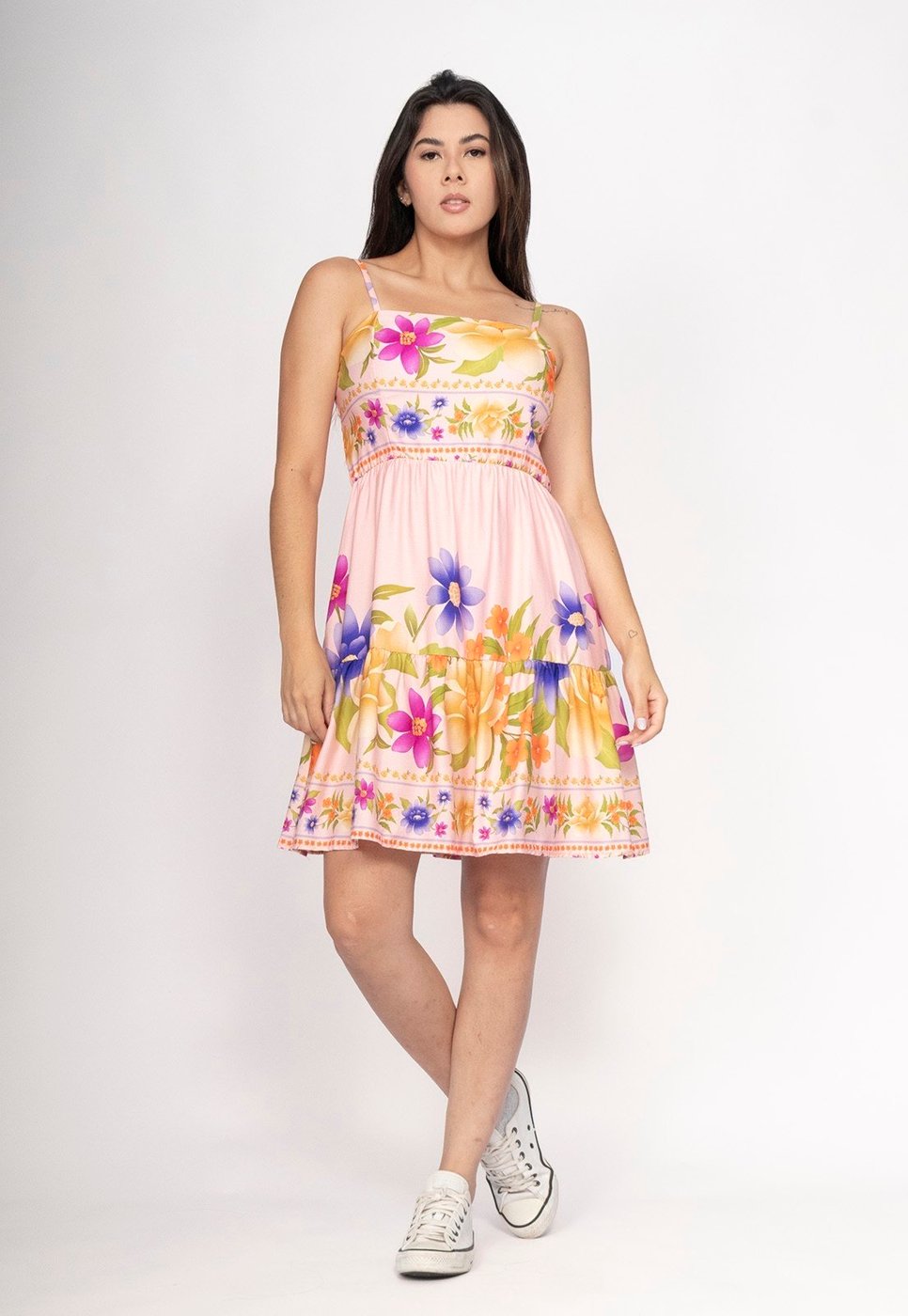 Vestido CabanaFree Curto Alça Fina Estampa Jardim Rosa