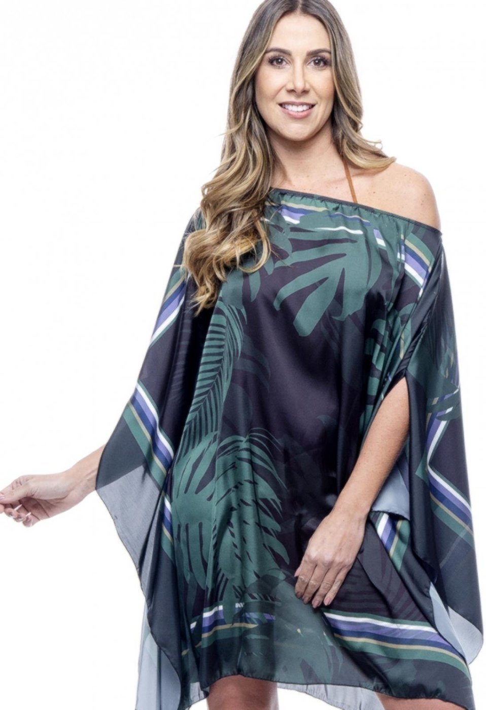 Vestido Kaftan Curto Cetim Estampado EXCLUSIVO Folhagem Verde Fundo
